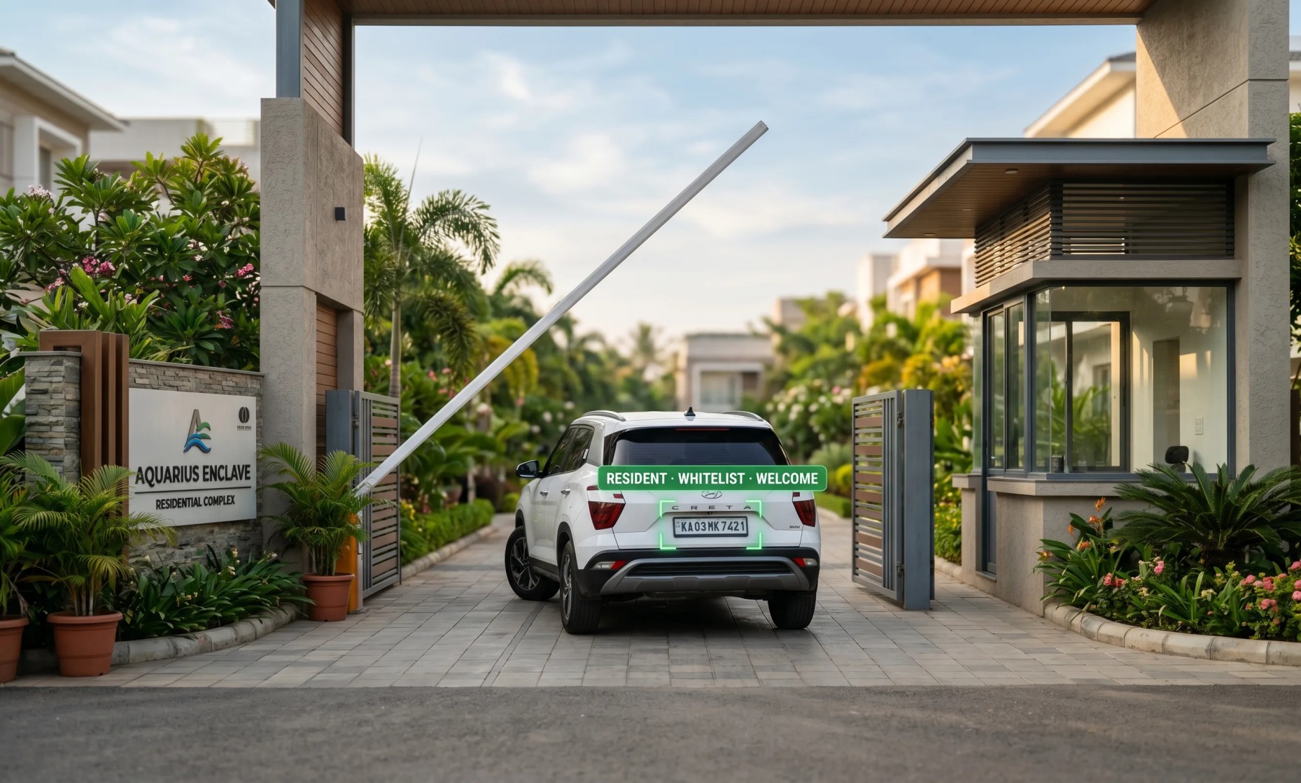 Vehicle at a housing society gate with the barrier lifting automatically