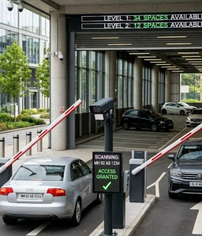 Barrier arm opening automatically to allow the verified vehicle through